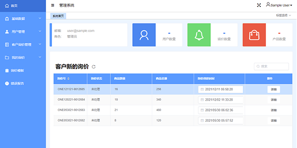Archived product inquiry management system dashboard screenshot.